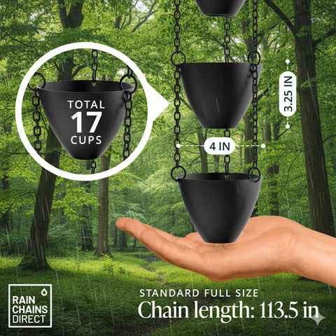 Rain Chains Direct 1135-inch chain-length depicts long, elegant rain management for higher drops.