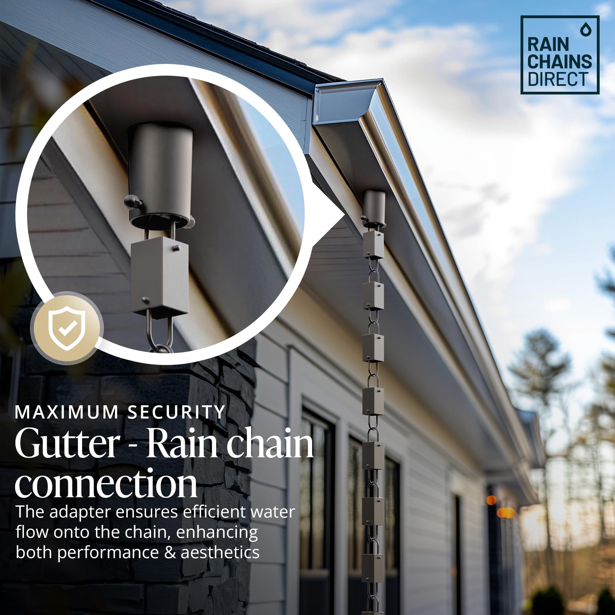 Rain Chains Direct black adapter dimensions showcase 3-inch height and top square footprint.