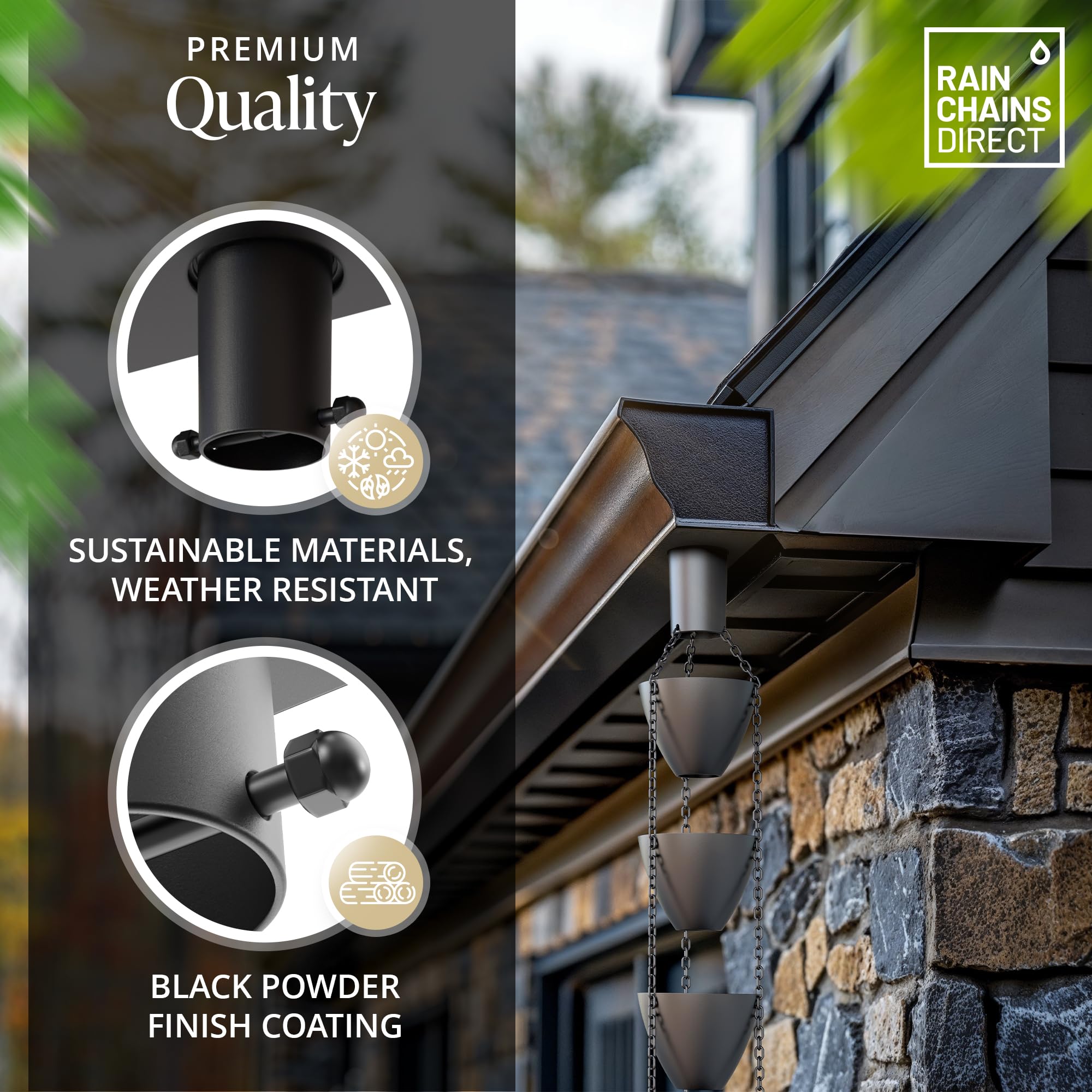 Rain Chains Direct black adapter with 2.25-inch hole detail for easy gutter compatibility.