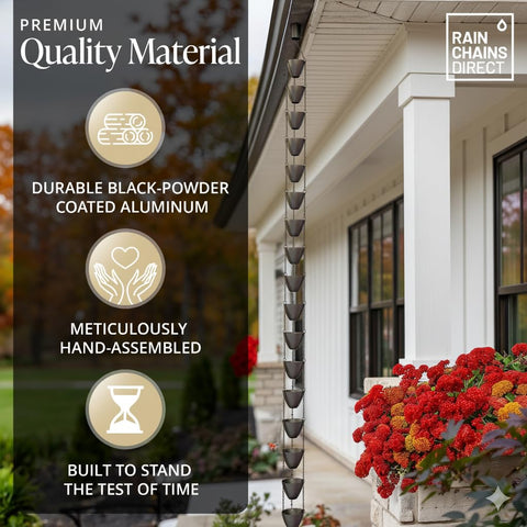 Rain Chains Direct black powder-coated aluminum finish emphasizes rust resistance and durability.