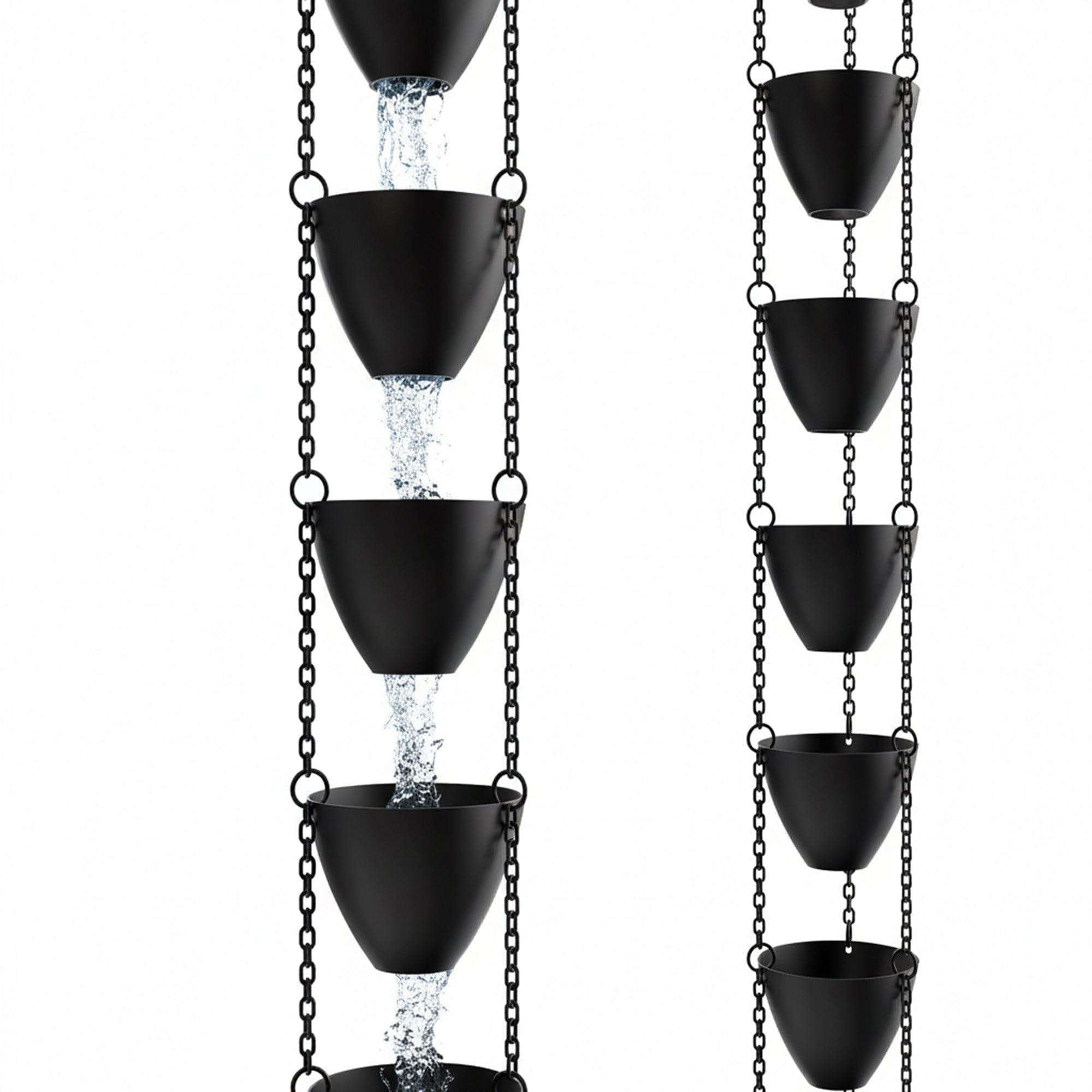 Rain Chains Direct Cascading Bowls front view highlights heavy rain handling and curb appeal.