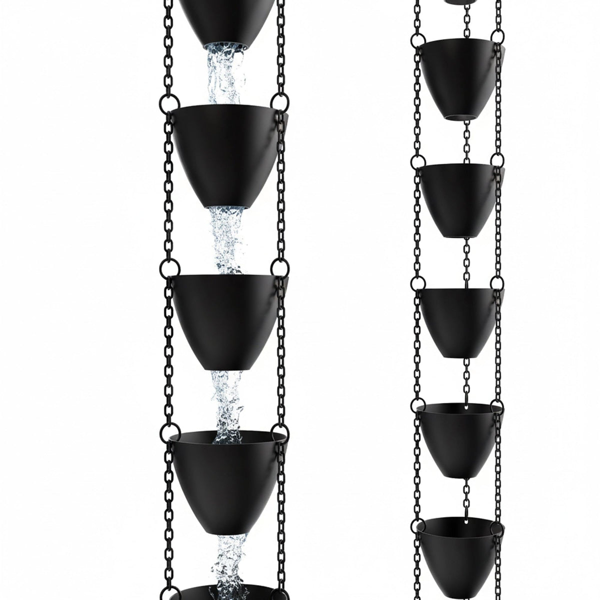 Rain Chains Direct Cascading Bowls front view highlights heavy rain handling and curb appeal.