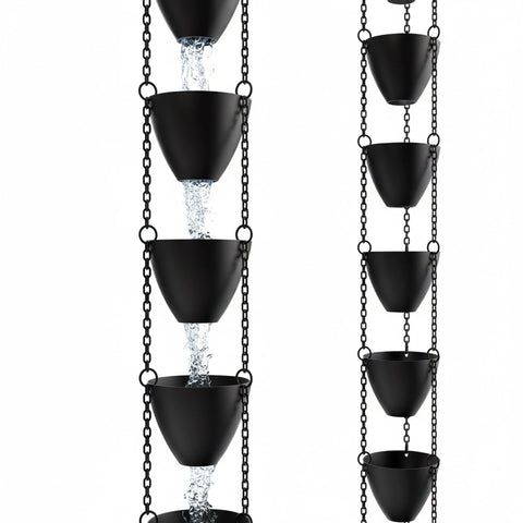 Rain Chains Direct Cascading Bowls front view highlights heavy rain handling and curb appeal.