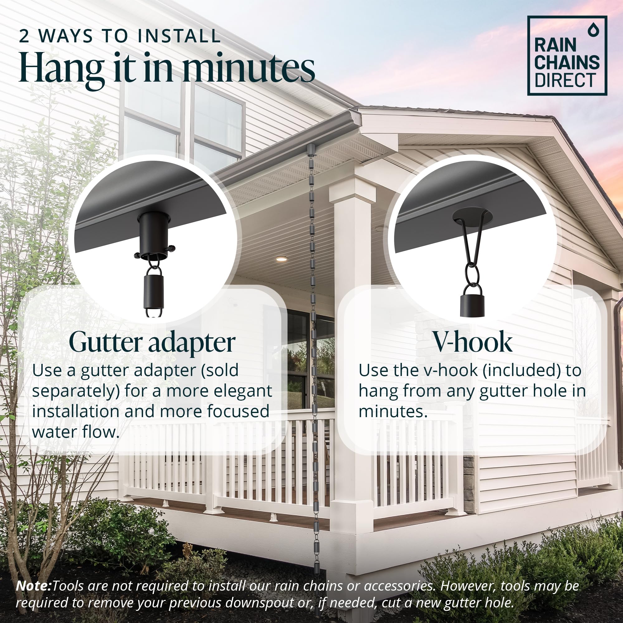 Durable black powder-coated finish protects the aluminum rain chain.