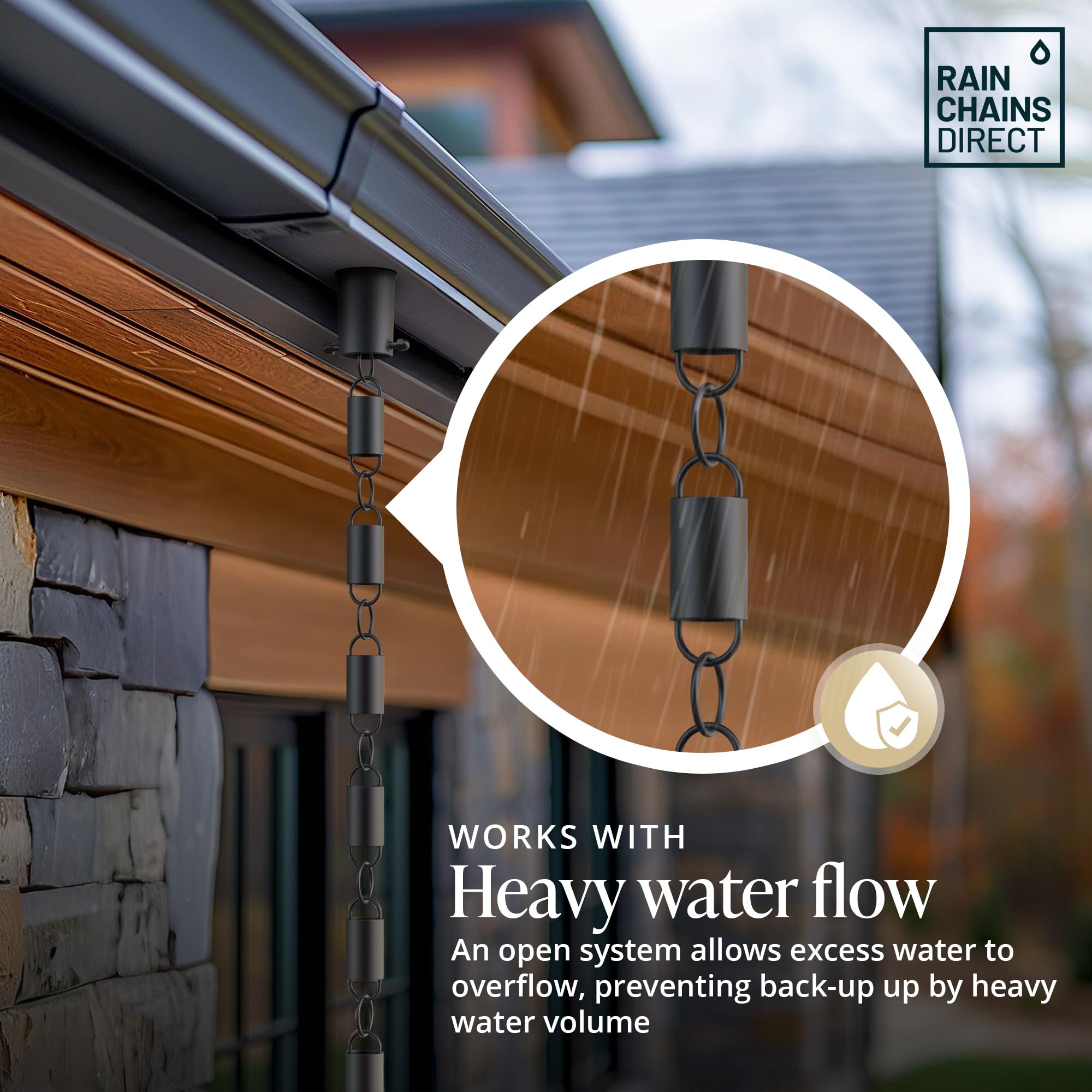 Elegant exterior rain chain enhances home curb appeal.