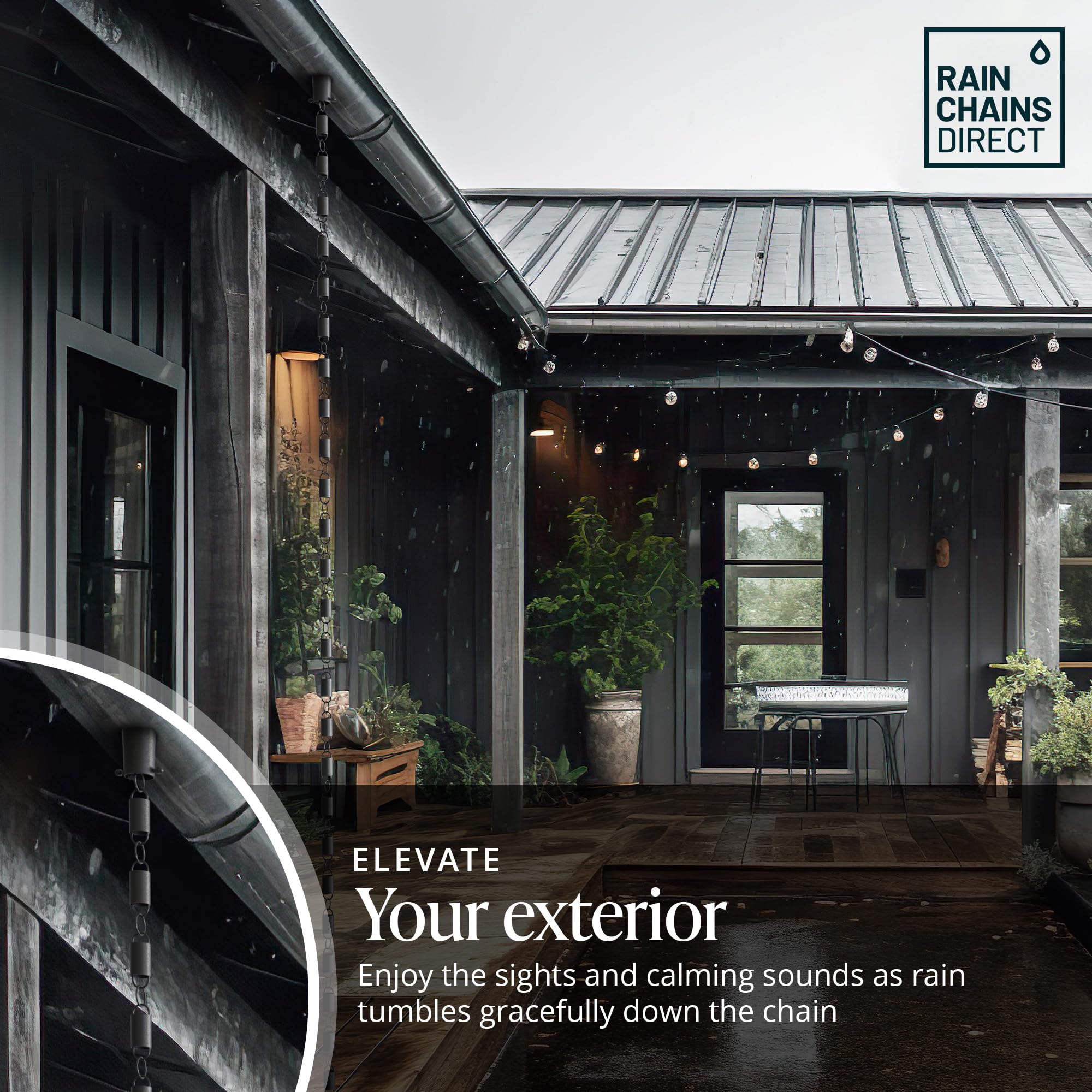 Rain Chains Direct Channel Link compatible with standard gutter holes.