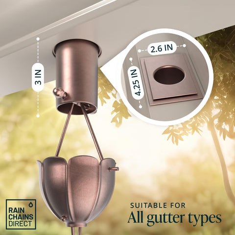 Durable copper adapter from Rain Chains Direct for outdoor performance.