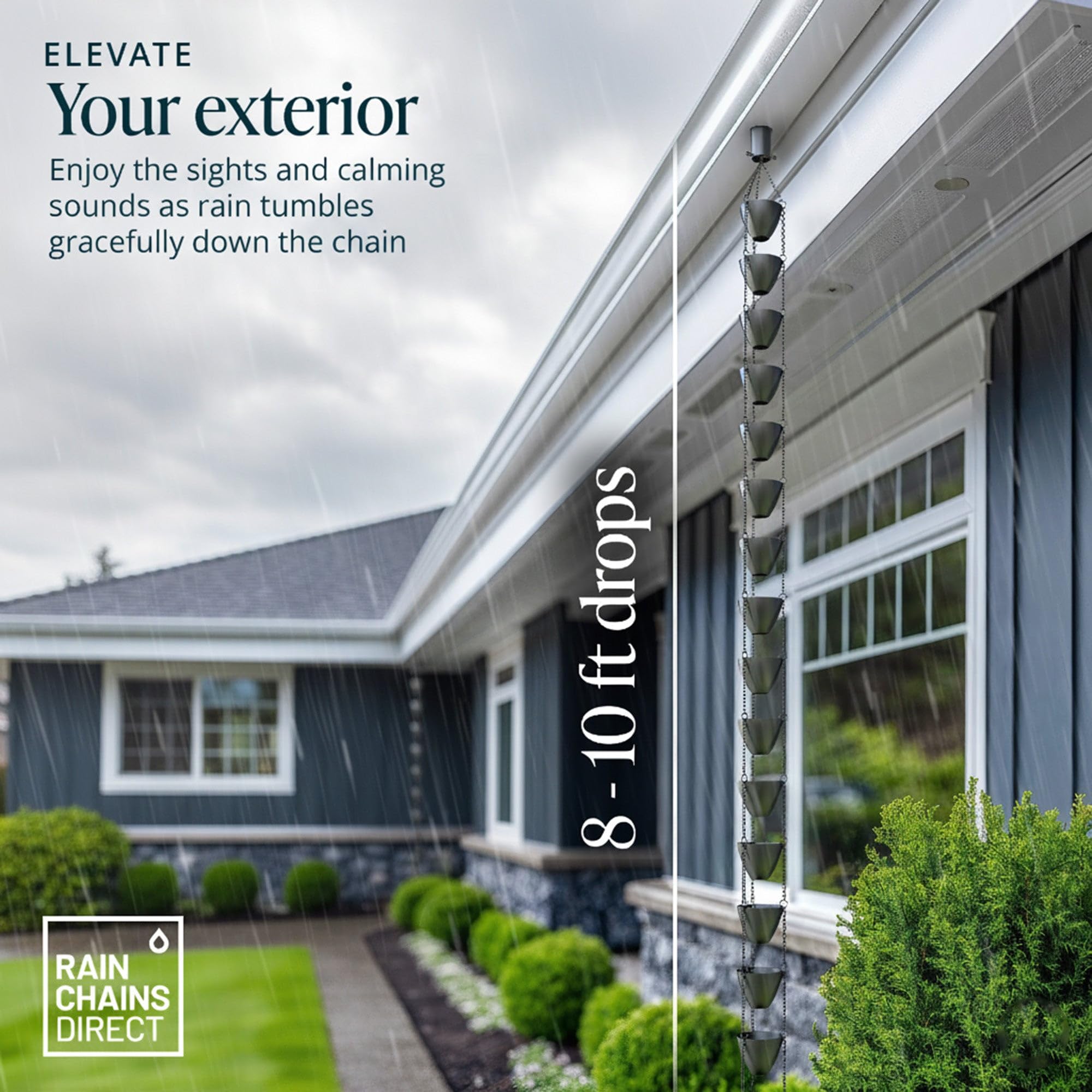 Rain Chains Direct gutter adapter option provides a tighter, focused water stream.