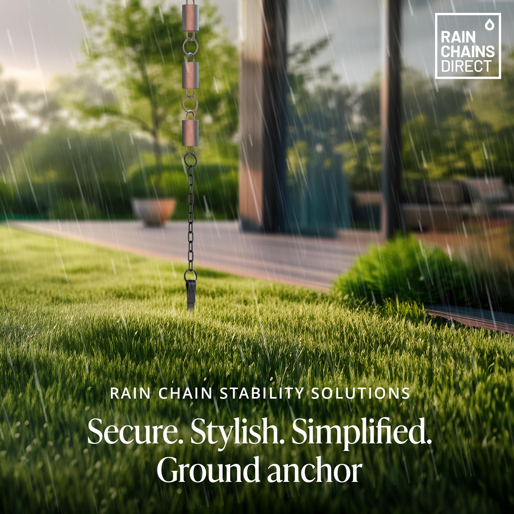 Simple outdoor installation aids clean, secure rain chain anchoring on any surface