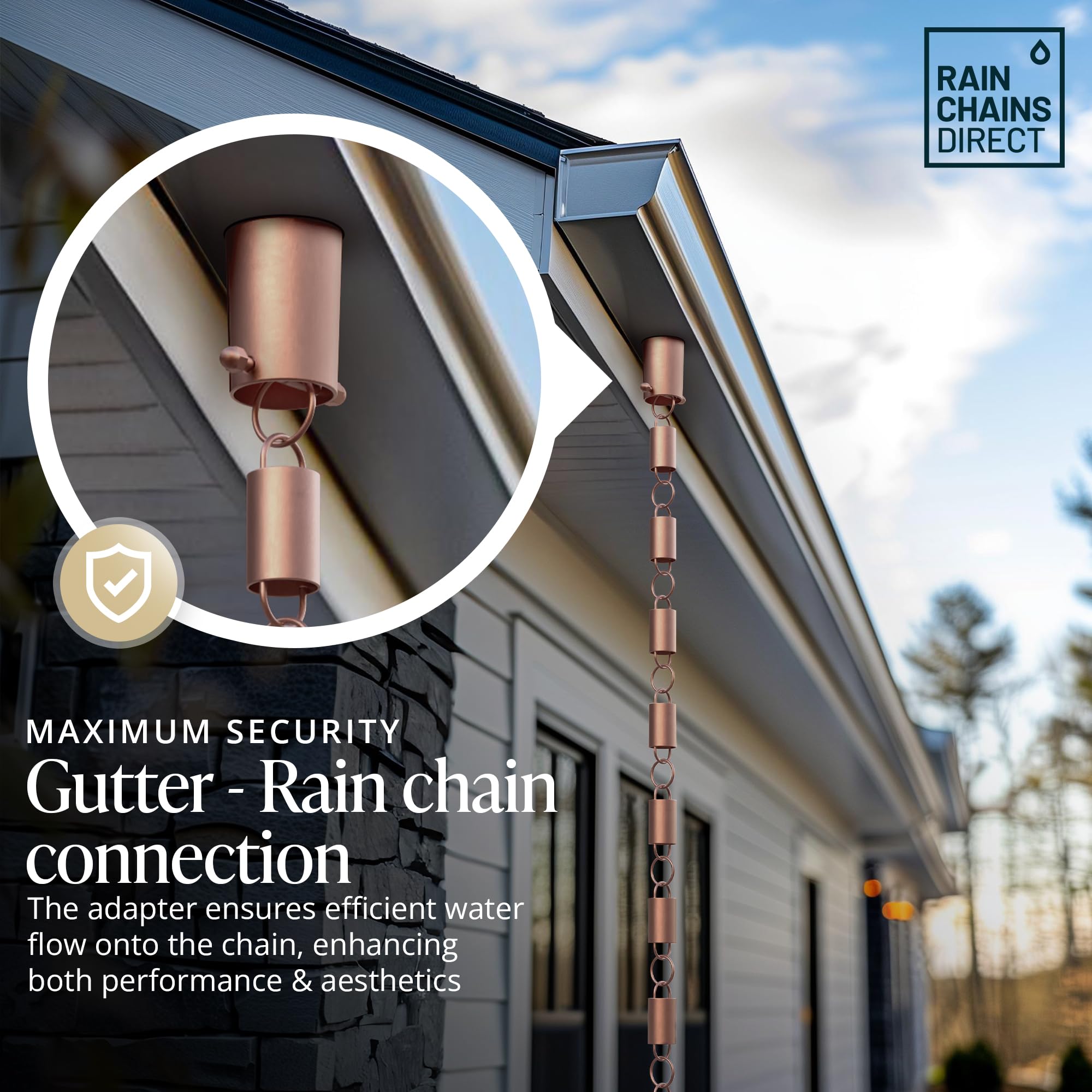 Patina-ready copper adapter adds rustic outdoor aesthetic from Rain Chains Direct.