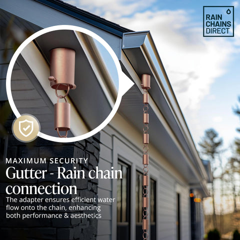 Patina-ready copper adapter adds rustic outdoor aesthetic from Rain Chains Direct.