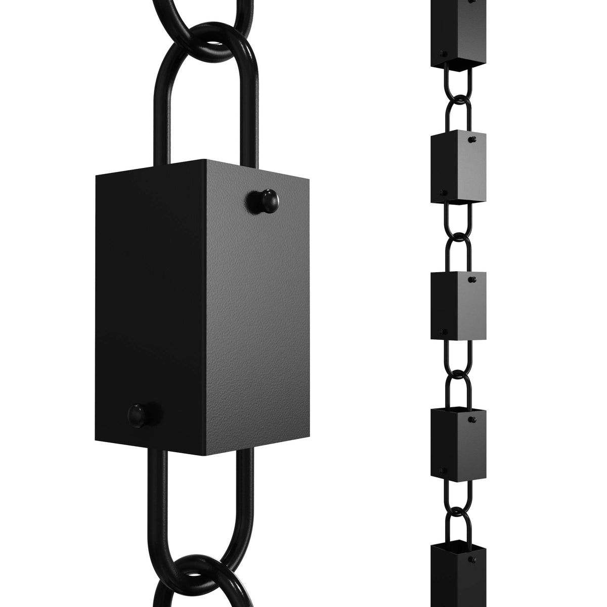 Rain Chains Direct square link rain chain in black aluminum guiding rain along gutters.