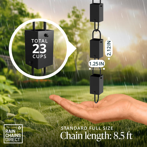 Rain Chains Direct square link close-up shows 1.25-inch cup and durable powder coating.