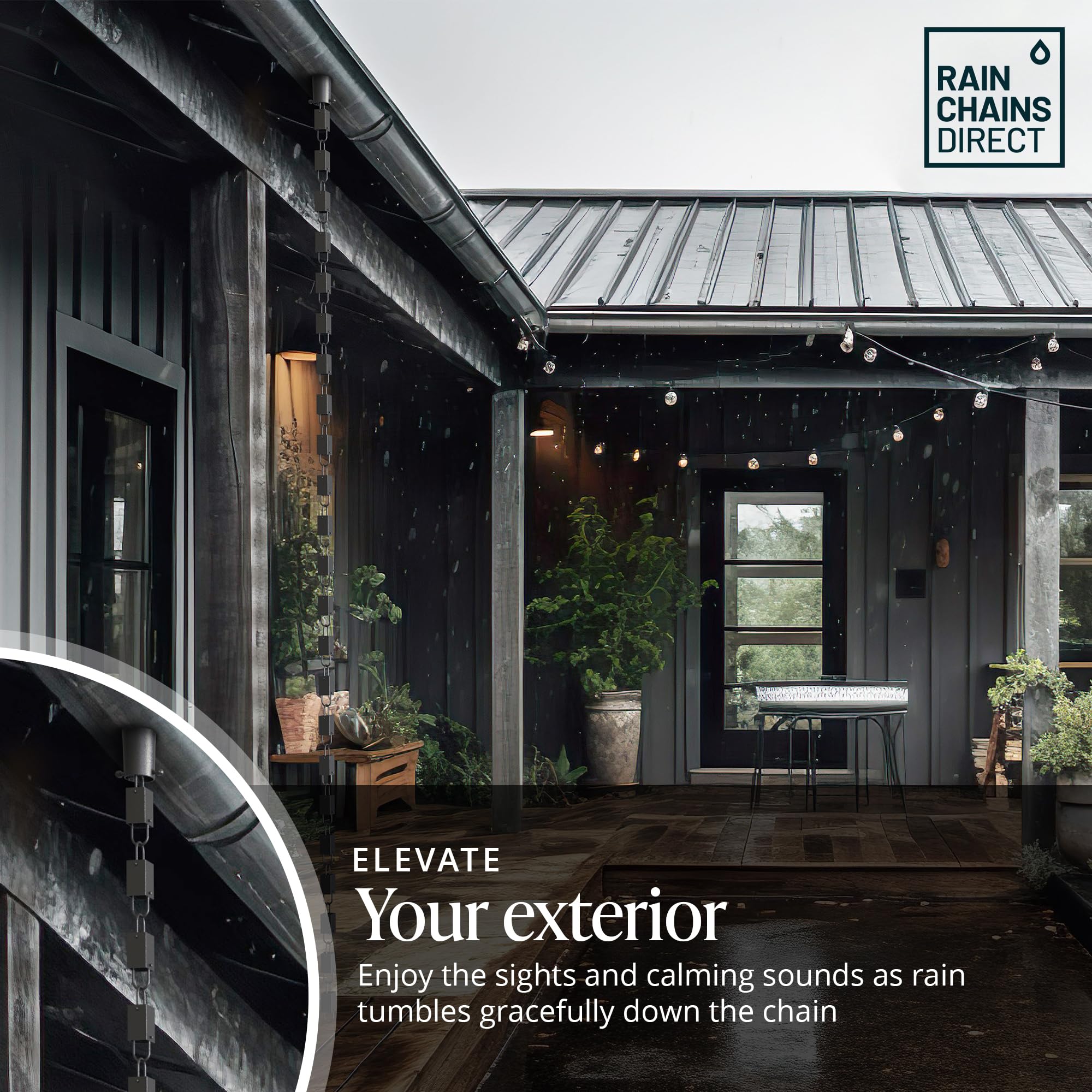 Rain Chains Direct square link side-angle view highlights robust aluminum.