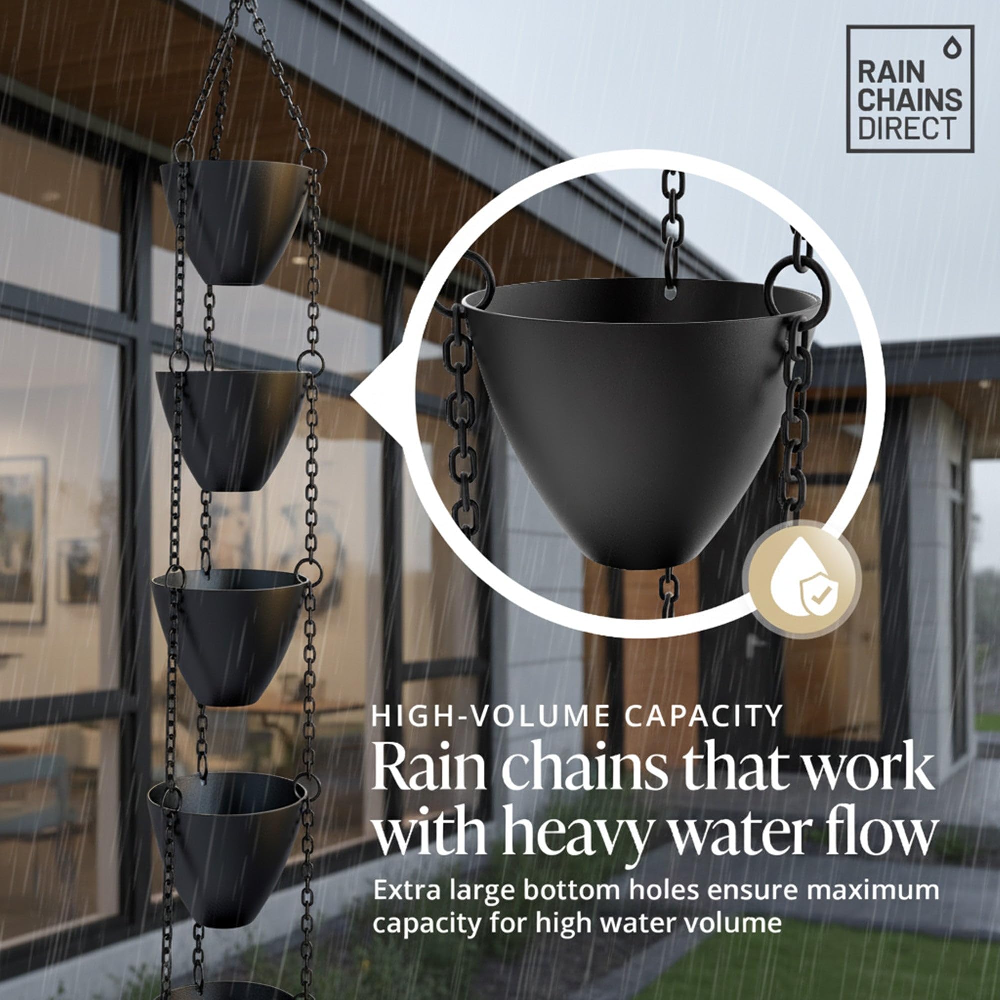 Rain Chains Direct V-hook installation enables quick, secure mounting.