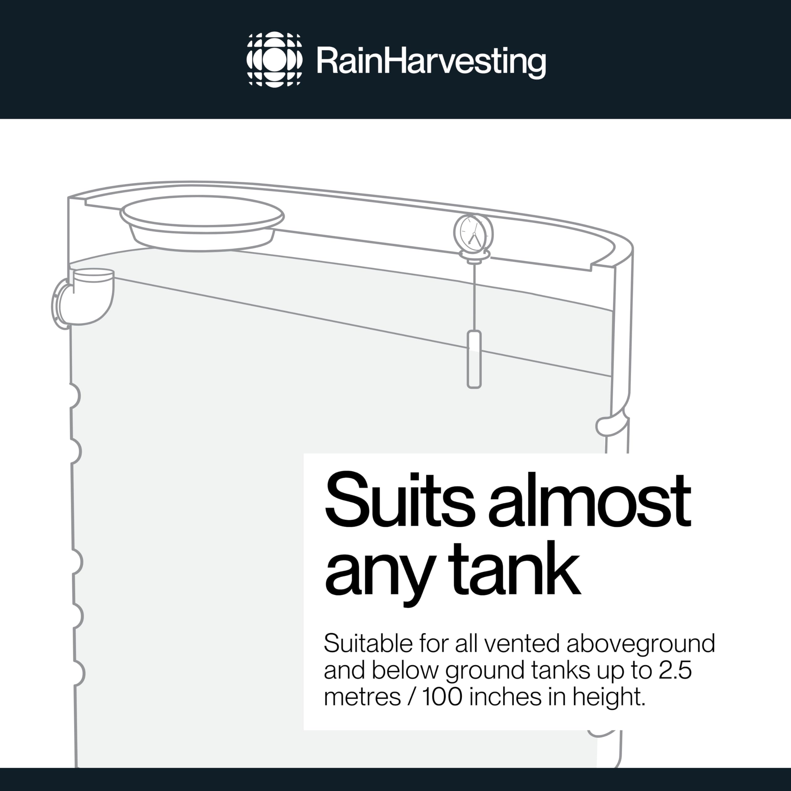 Rain Harvesting Tank Gauge mounted on a vented tank up to eight feet tall.