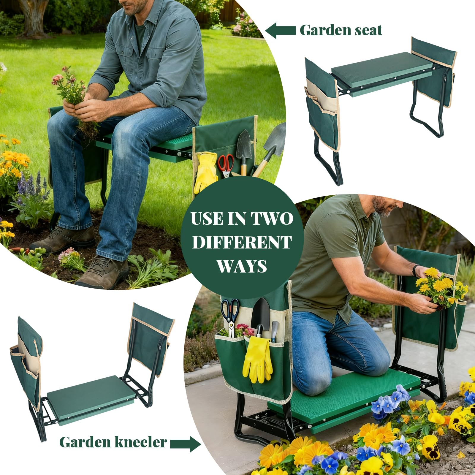 RAIN SPIRIT foldable kneeler-seat portable design stores flat after use.