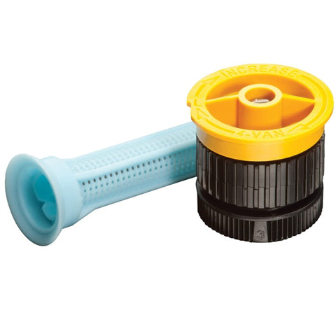 Rain Bird variable arc adjustable sprinkler nozzle shown with a 3-4 ft radius for precise watering.