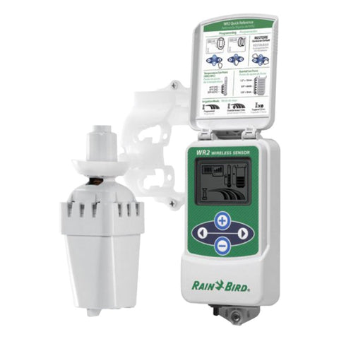 Rain Bird wireless rain and freeze sensor system with controller interface for efficient irrigation control.