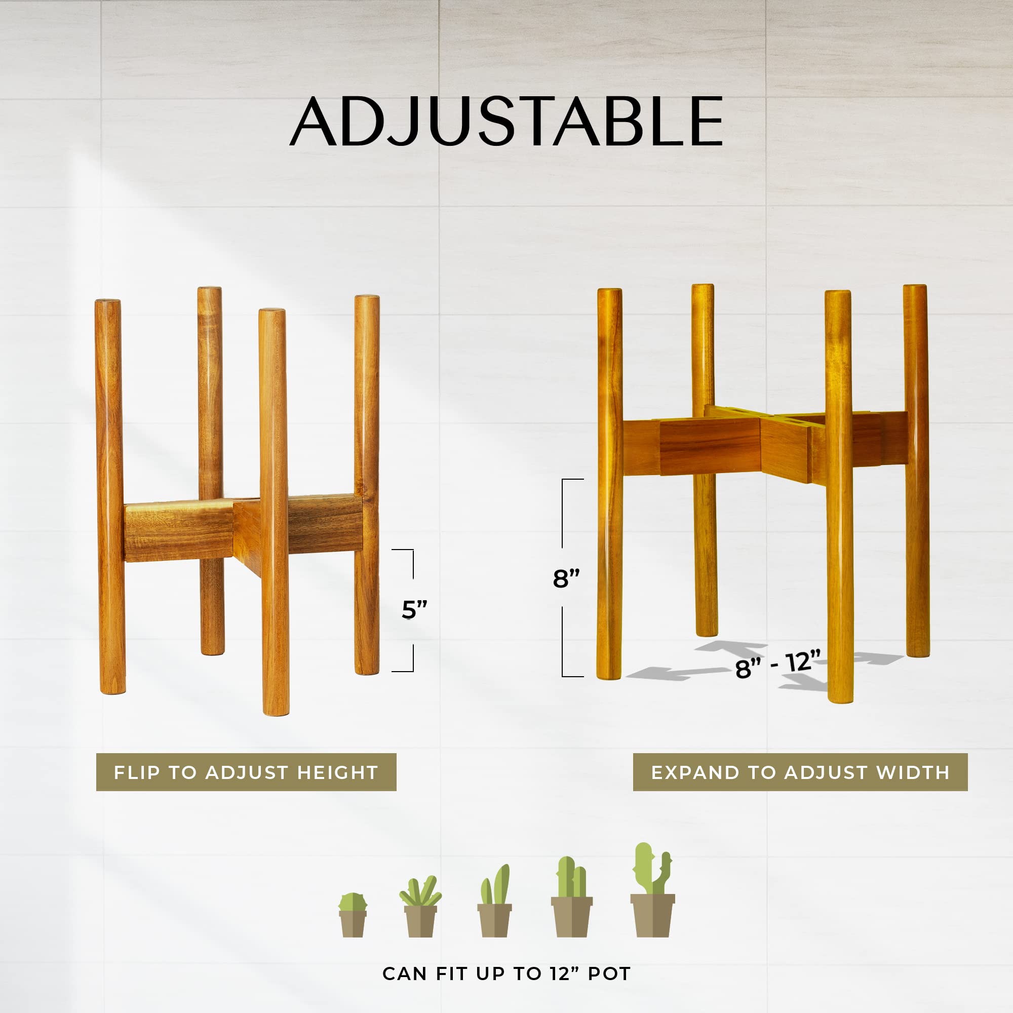 Rainbleland acacia stand adjustable width fits 8–12 inch pots securely.