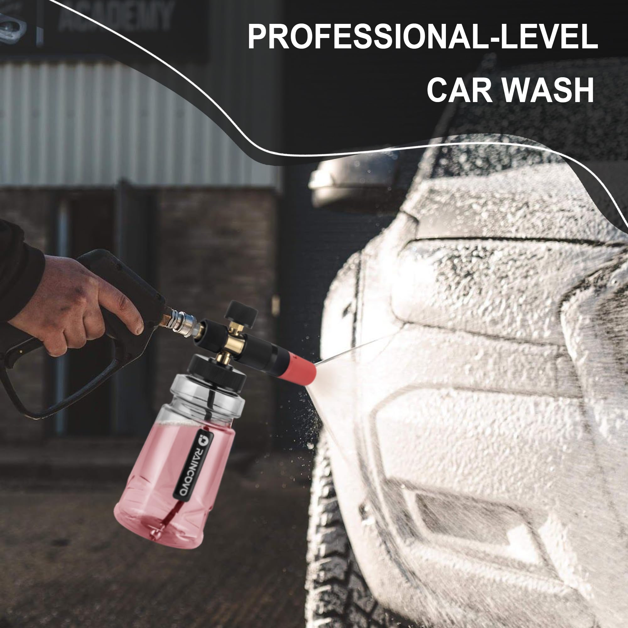 Raincovo foam cannon adjustable dials tailor foam viscosity and spray.