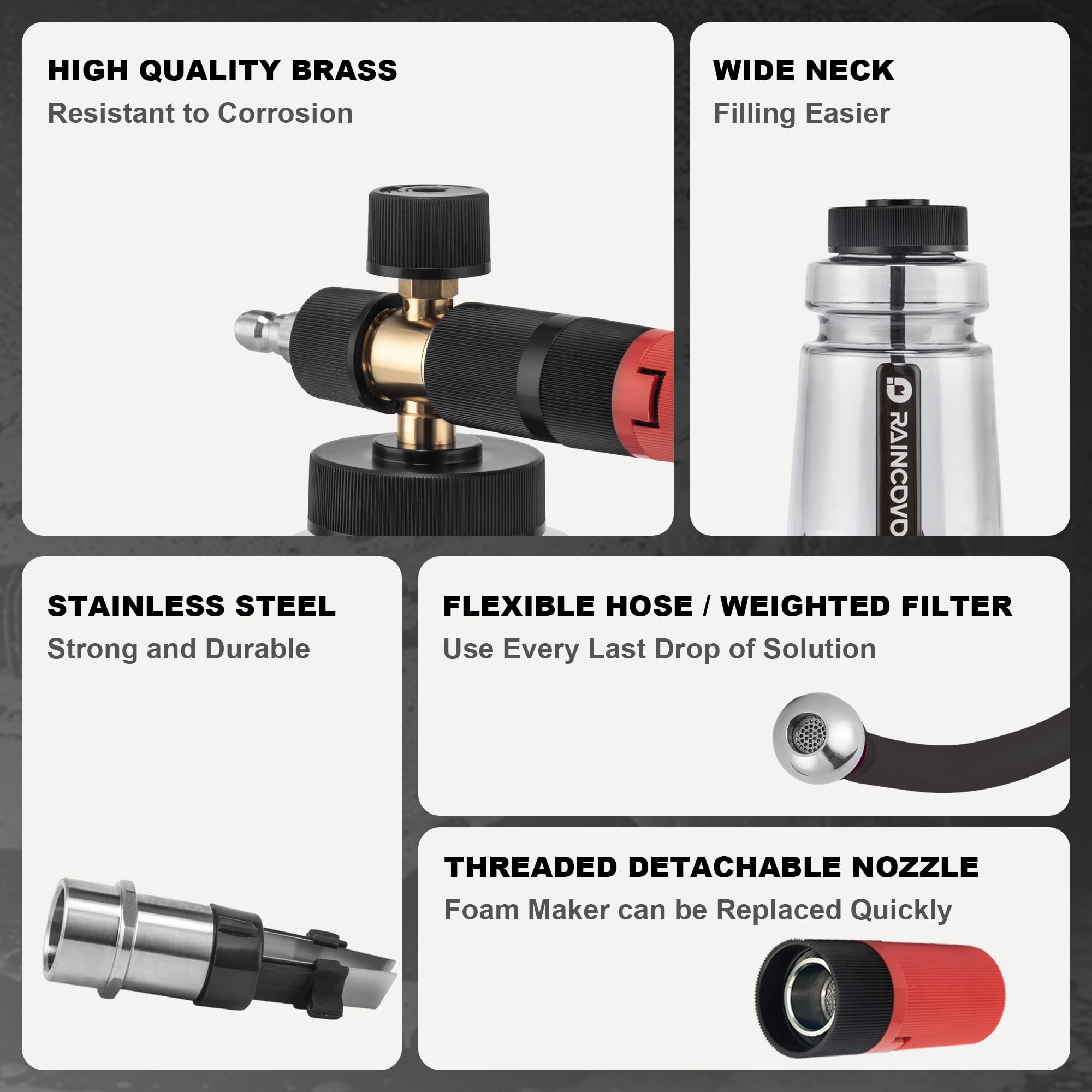 Raincovo foam cannon one-point-one mm orifice delivers rich foam at lower PSI.