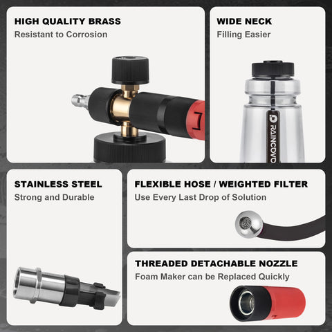 Raincovo foam cannon one-point-one mm orifice delivers rich foam at lower PSI.