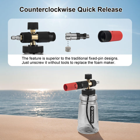 Raincovo foam cannon quarter-inch quick connector enables fast swaps.