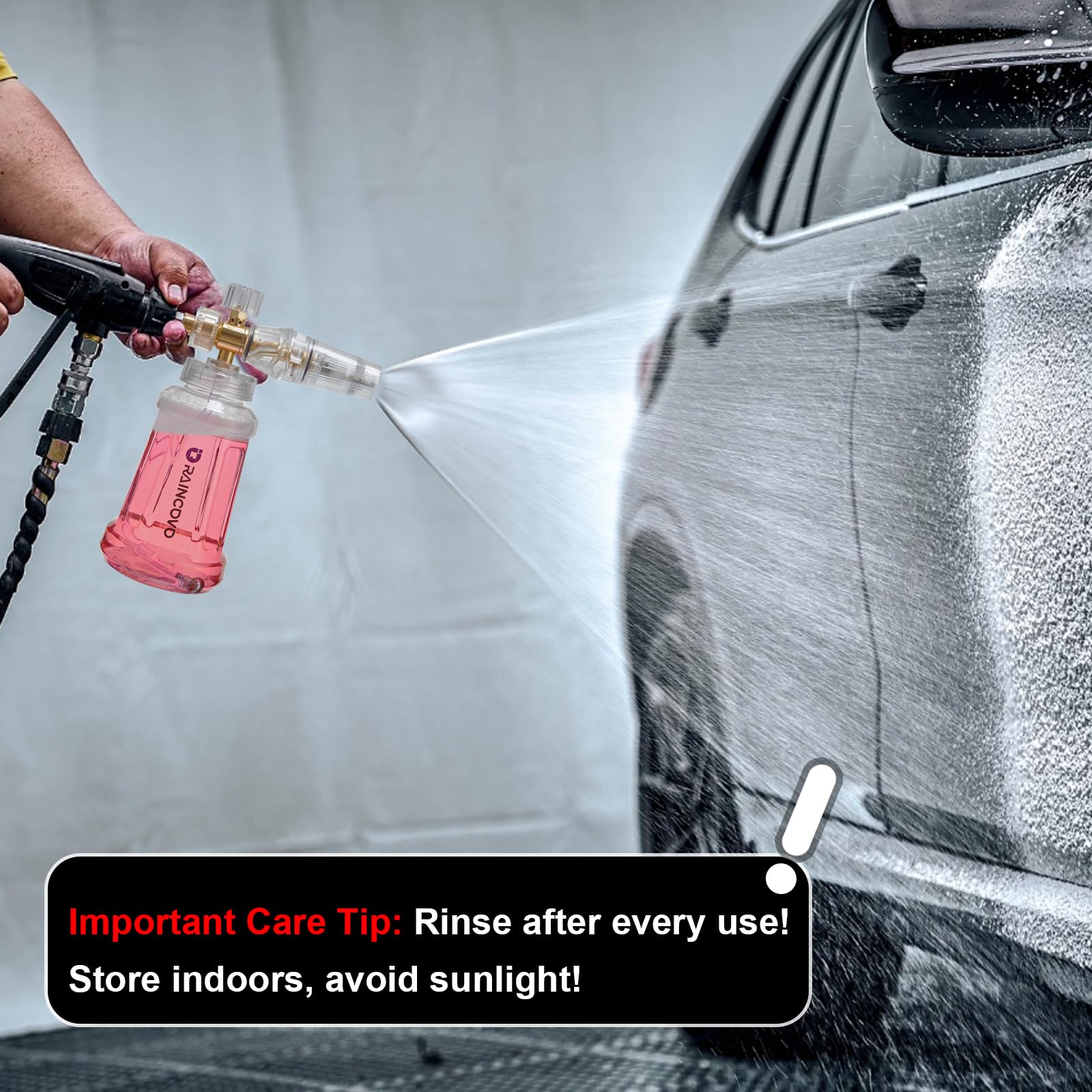 Raincovo foam cannon stainless filter highlights corrosion resistance