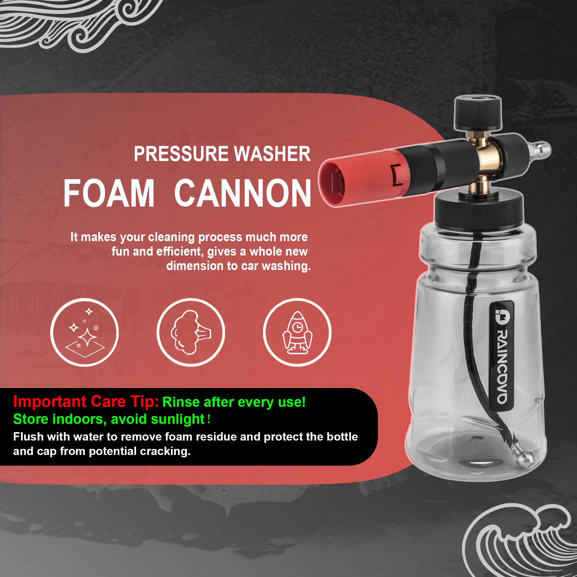 Raincovo foam cannon thick snow foam output blankets vehicle panels.