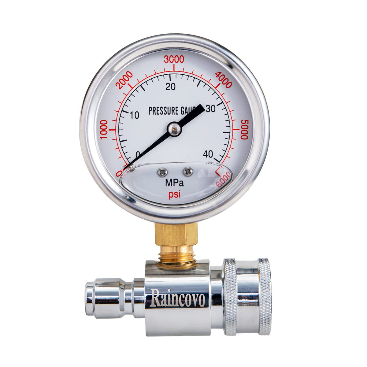 Raincovo pressure gauge dial showing up to 6000 PSI for precise readings