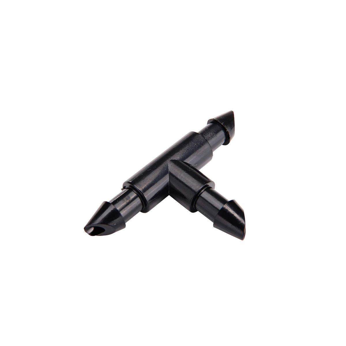 Raindrip barbed tee connects three 1/4-inch tubes for a simple T junction in a drip system.