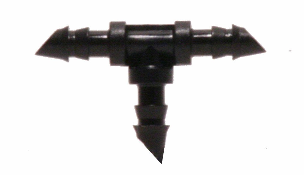 Raindrip barbed tee installation inside tubing enables quick drip system expansion.