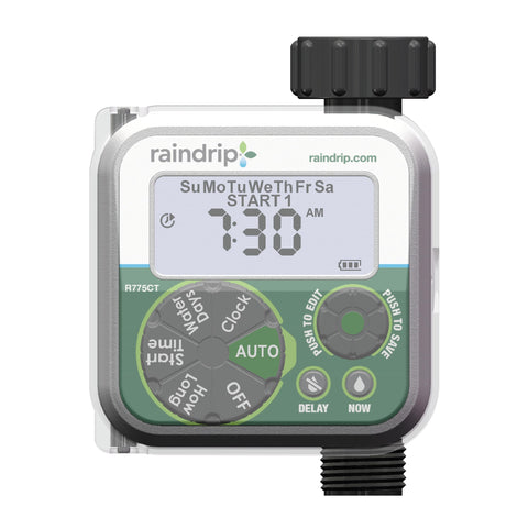 Raindrip digital timer front view with clear control panel for scheduling