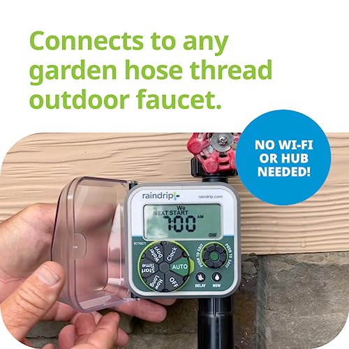 Raindrip timer attached to an outdoor faucet for drip irrigation