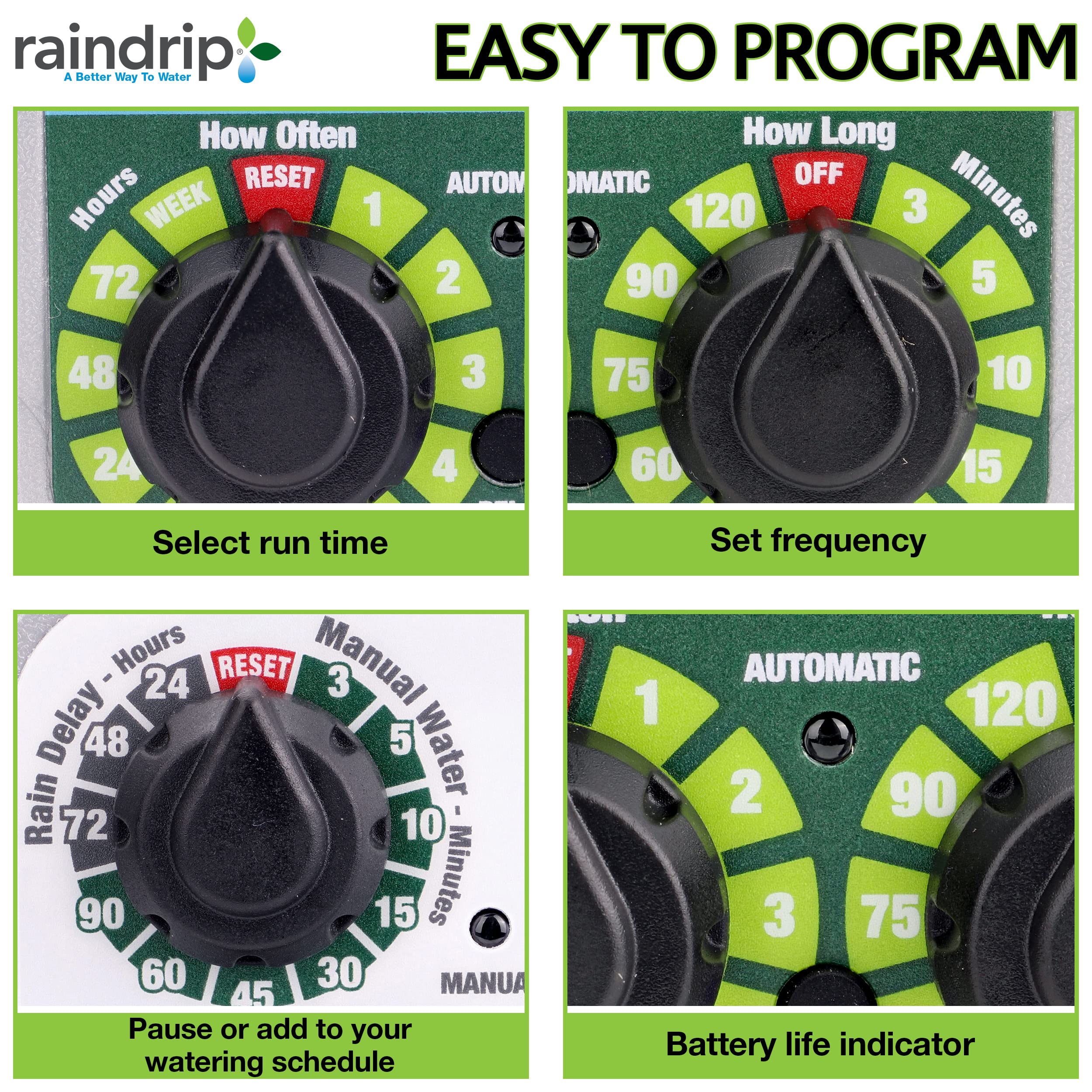 Raindrip R675CT three-dial interface for easy scheduling of watering