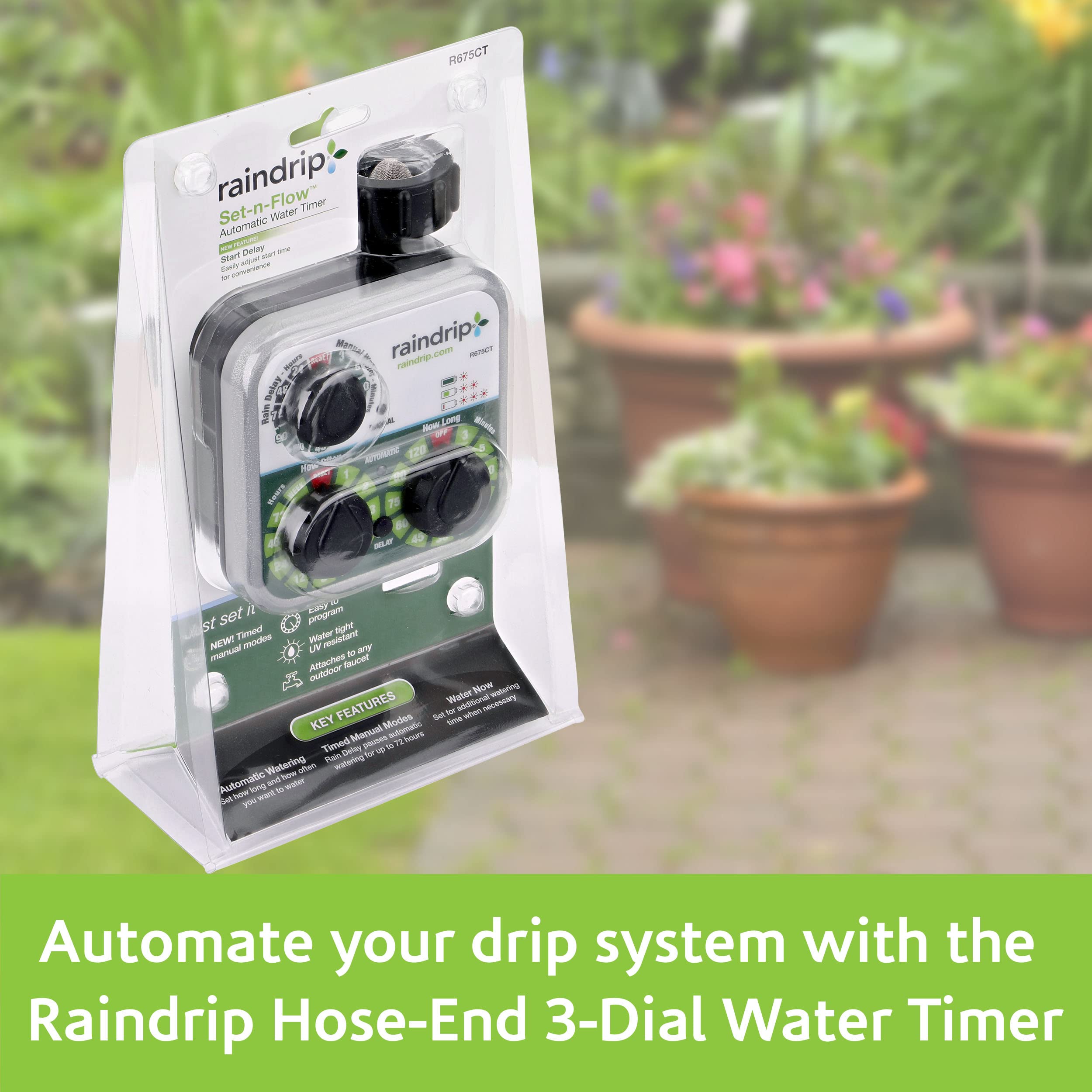Raindrip R675CT rain-delay dial pauses watering for 24–72 hours