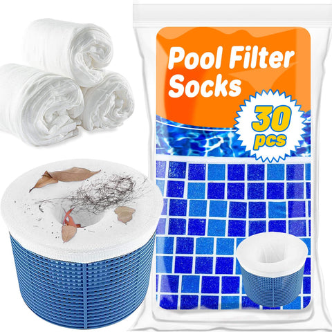 RAINFLOW 30 pack pool skimmer socks close-up shows durable nylon and fine filtration