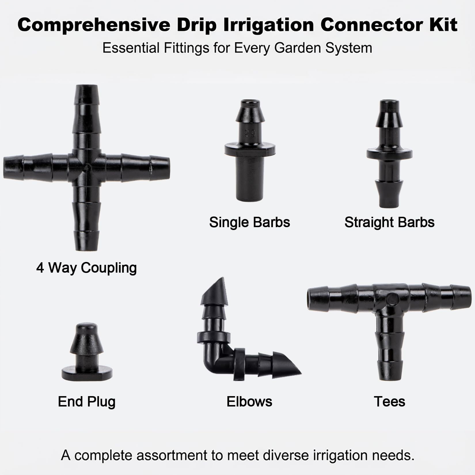 RainFlow barbed connectors close-up showing secure tool-free tubing connections for drip irrigation