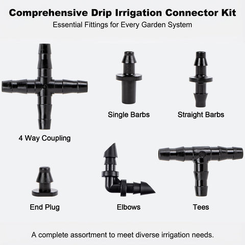 RainFlow barbed connectors close-up showing secure tool-free tubing connections for drip irrigation