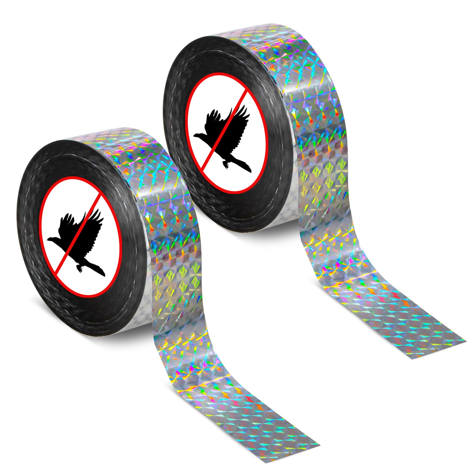 RAINFLOW bird scare tape glistens in sun, deterring birds from fruit trees.