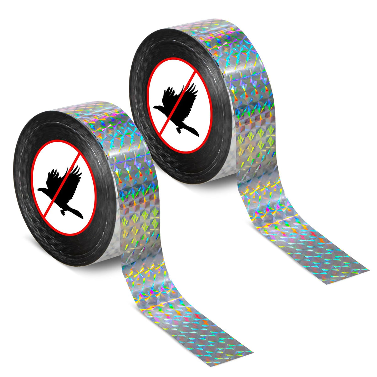 RAINFLOW bird scare tape glistens in sun, deterring birds from fruit trees.