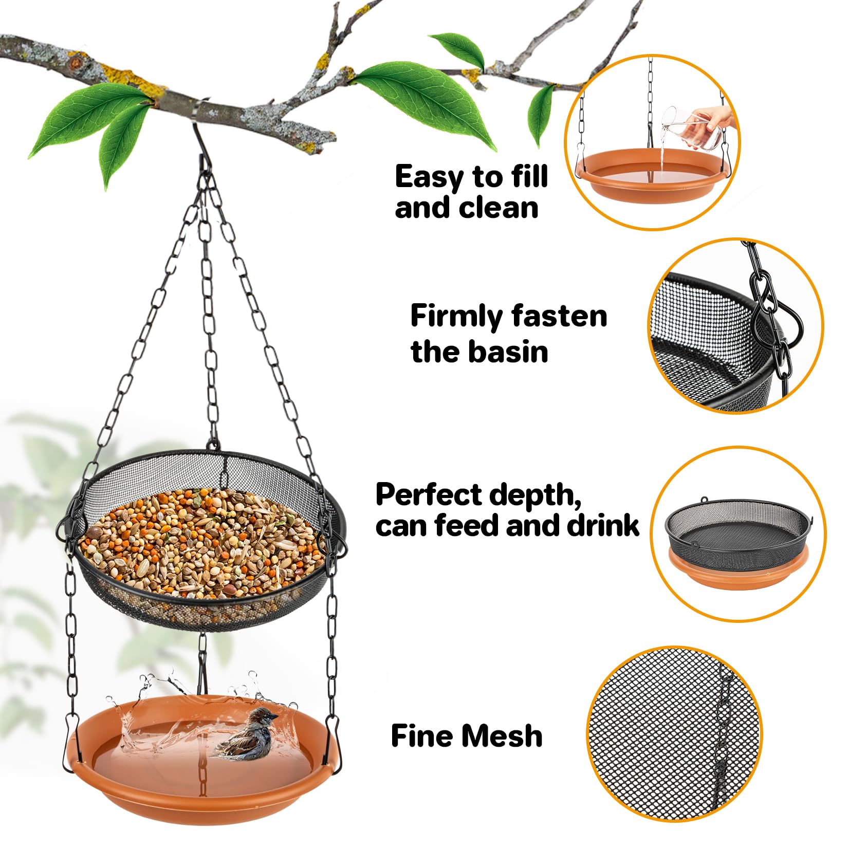 Rainflow bird water feeder with mesh tray keeps seeds organized and accessible for wild birds.
