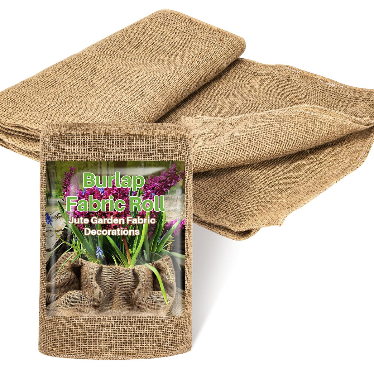 RAINFLOW Burlap Roll covering flower beds with rustic texture for soil protection.