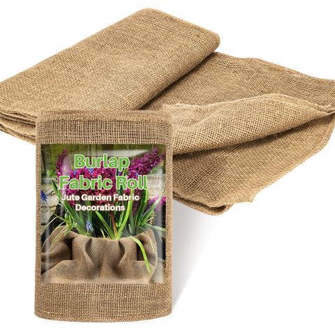 RAINFLOW Burlap Roll covering flower beds with rustic texture for soil protection.