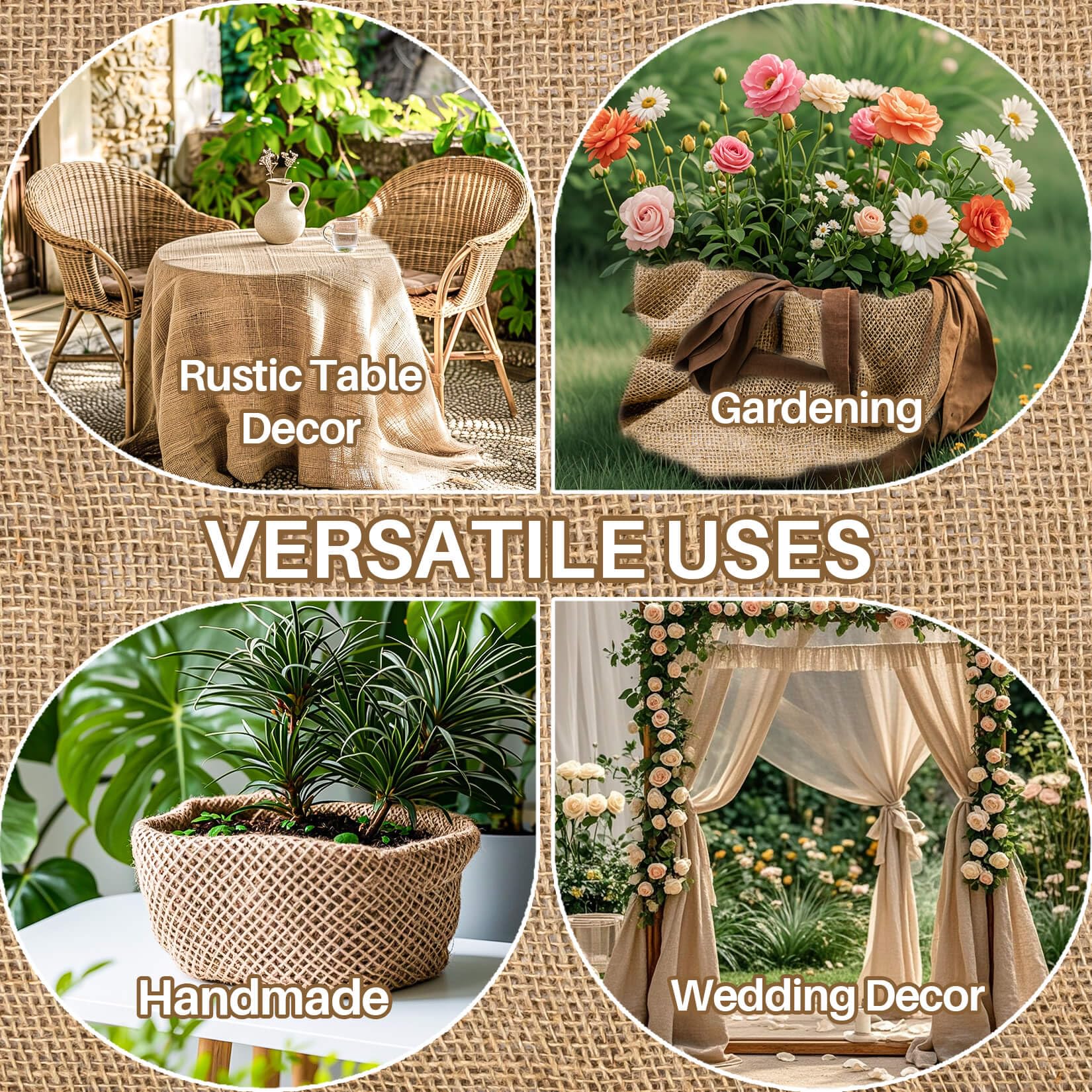 RAINFLOW Burlap Roll showcases natural fiber texture for farmhouse-style decor.