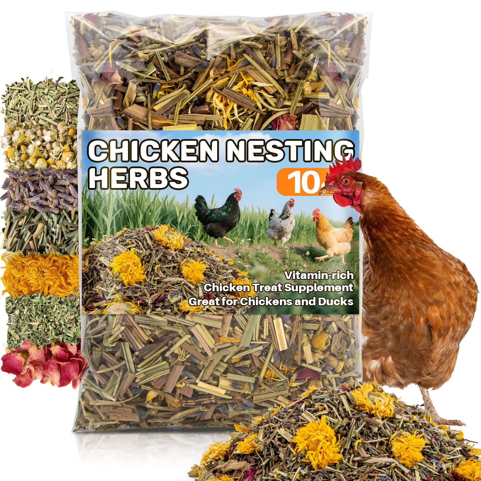 The RAINFLOW Chicken Nesting Herbs bag front shows a ready-to-use 10oz blend for coop comfort.