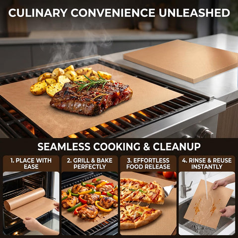 RAINFLOW copper grill mats trimmed to fit your grill space.