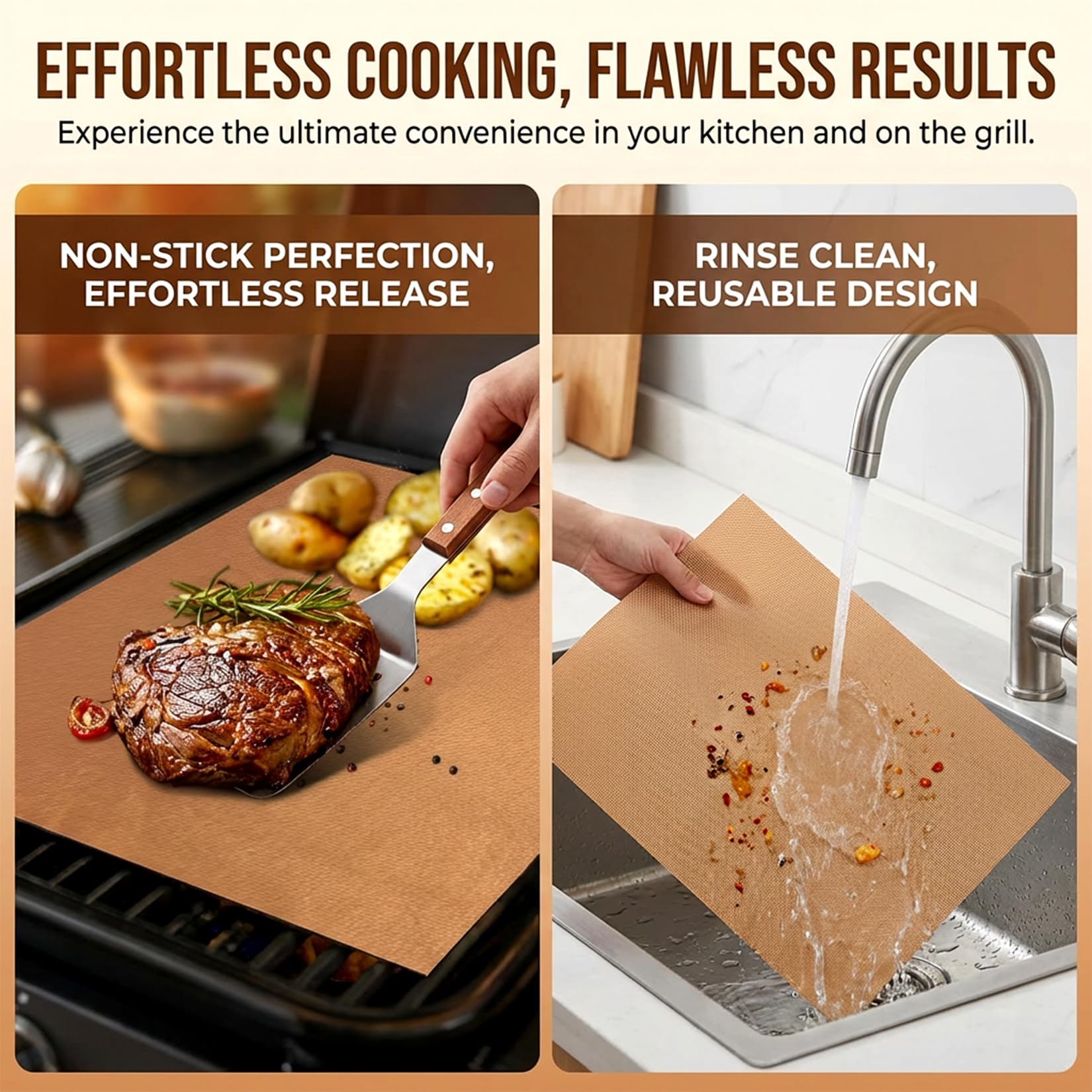 RAINFLOW copper grill mats compatible with gas grills illustrating versatility.