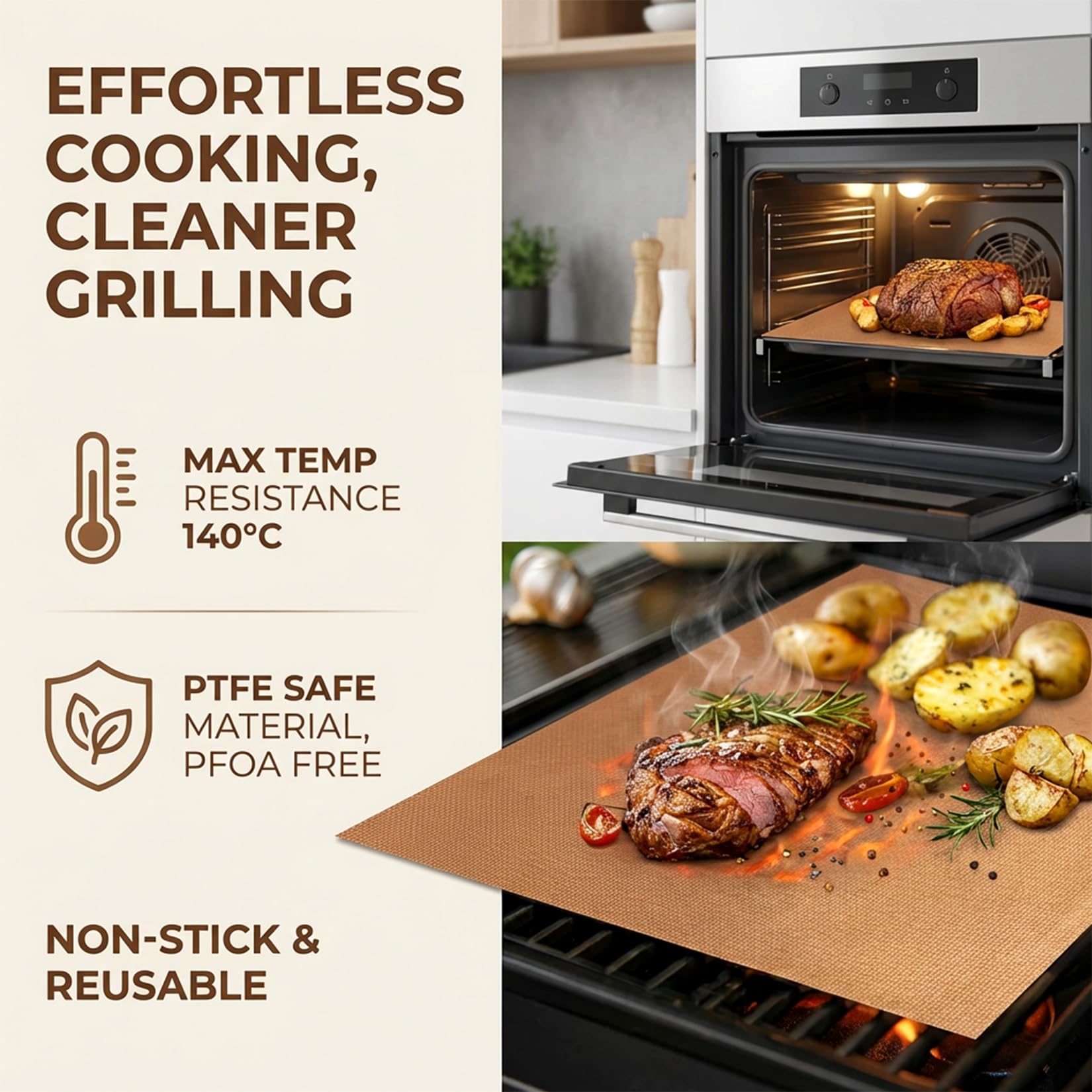 RAINFLOW copper grill mats close-up surface shows nonstick performance for smooth cooking.